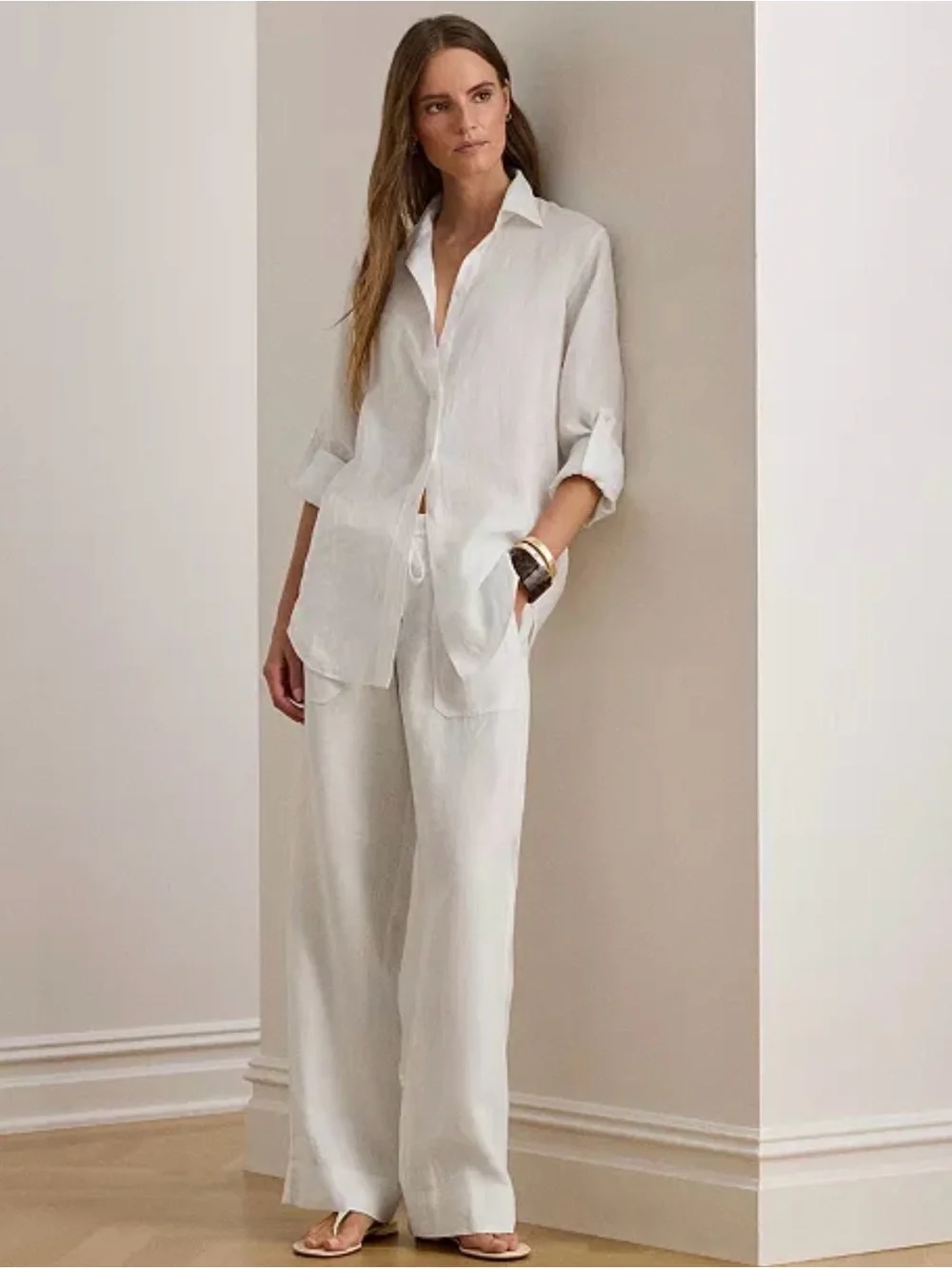 Ralph Lauren White 100% Linen Pants with Elastic Drawstring Waist - Picture 8 of 11